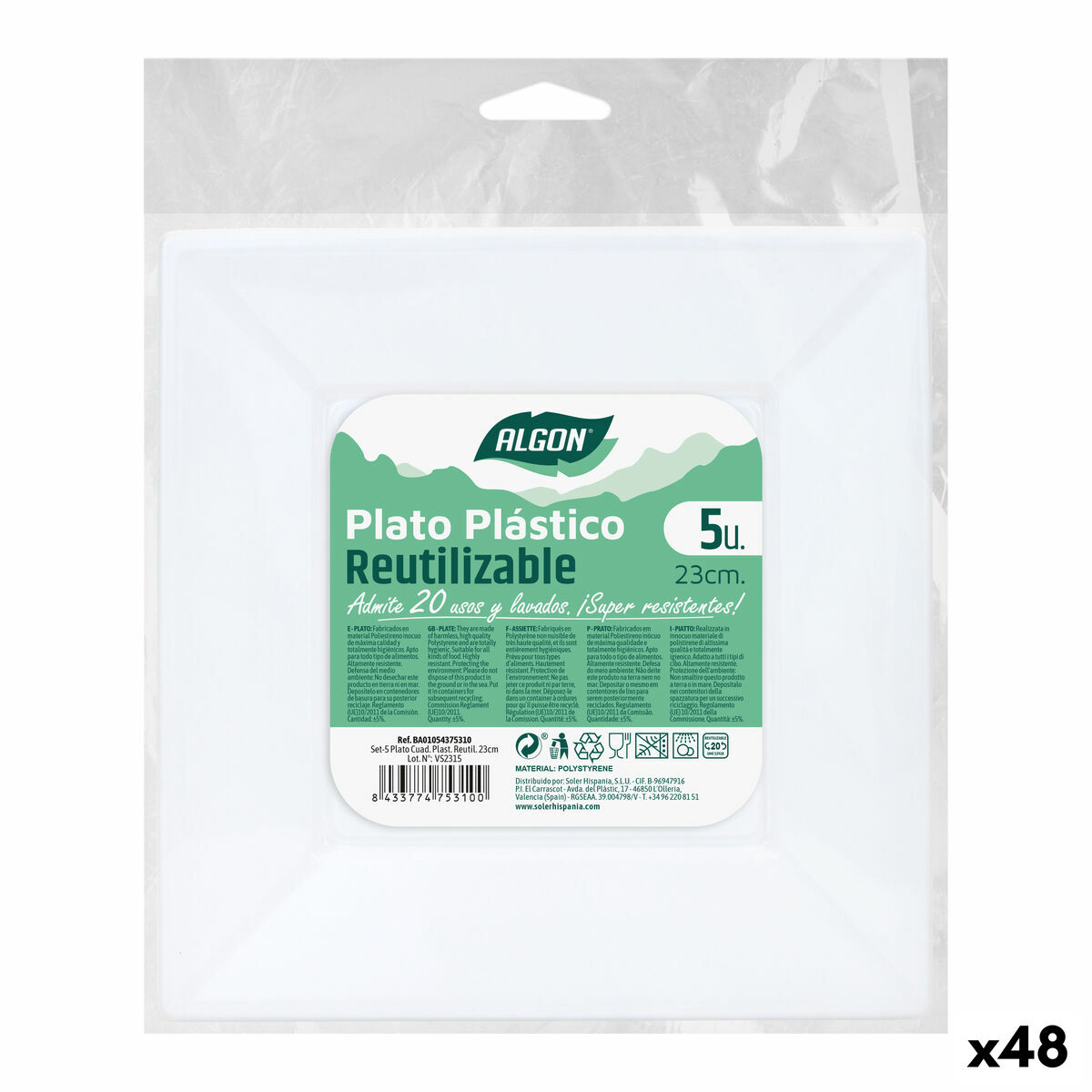 Sada znovu použiteľných tanierov Algon Hranatý Biela Plastické 23 x 23 x 2 cm (48 kusov)