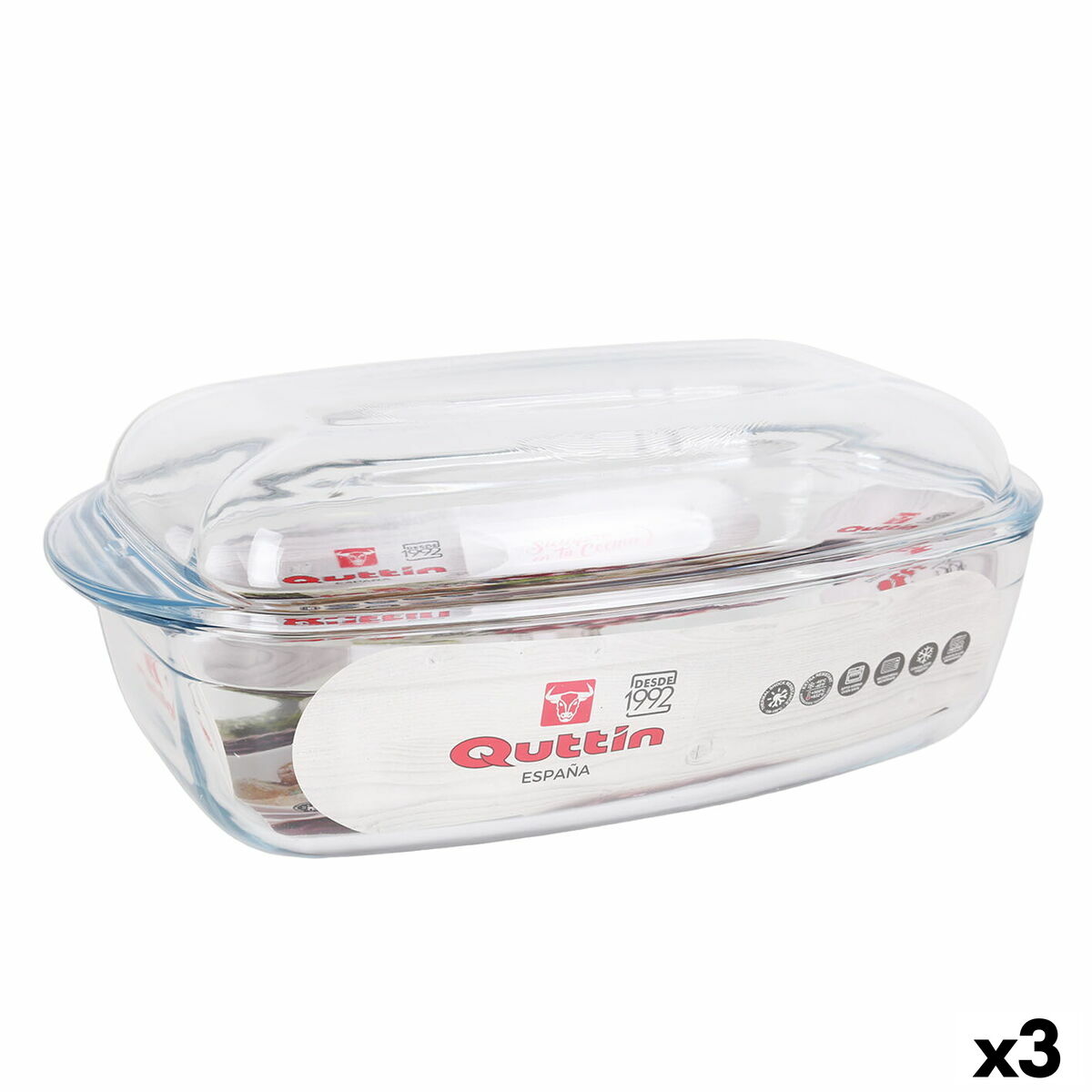 Kastról s pokrievkou Quttin Transparentná 6,7 l Sklo 37 x 22 x 14,1 cm (3 kusov)