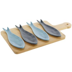 Sada Pohárov na Aperitív Home ESPRIT Modrá zelená Námornícka modrá Bambus Porcelán Stredozemný Ryby 36 x 18 x 1,3 cm 5 Kusy