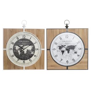 Nástenné hodiny DKD Home Decor Čierna Biela Železo Vintage 60 x 4,5 x 60 cm Drevo MDF Mapa Sveta (2 kusov)