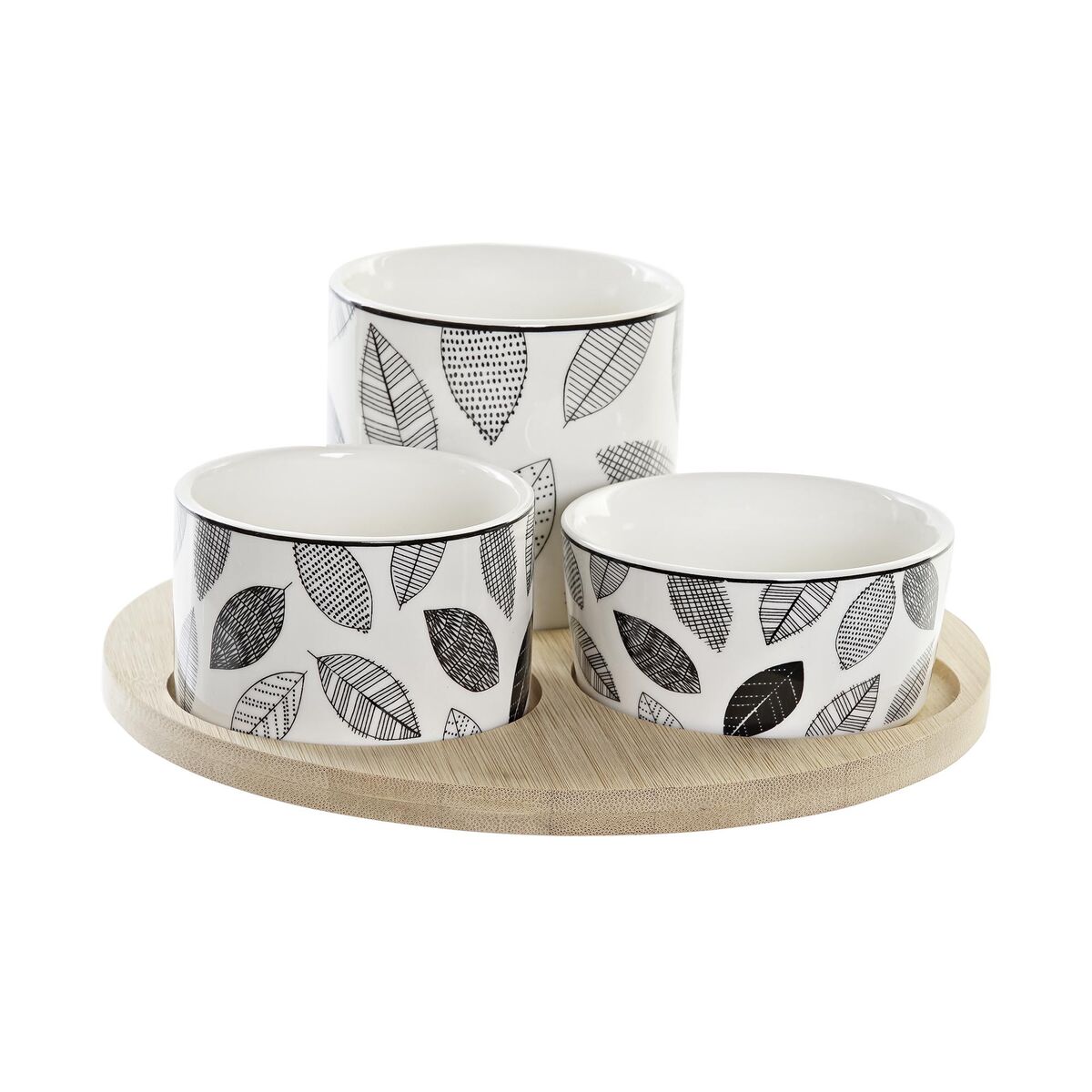 Sada Pohárov na Aperitív DKD Home Decor Biela/Čierna Bambus Kamenina Listy Cottage 3 Kusy 8 cm 20 x 20 x 8 cm