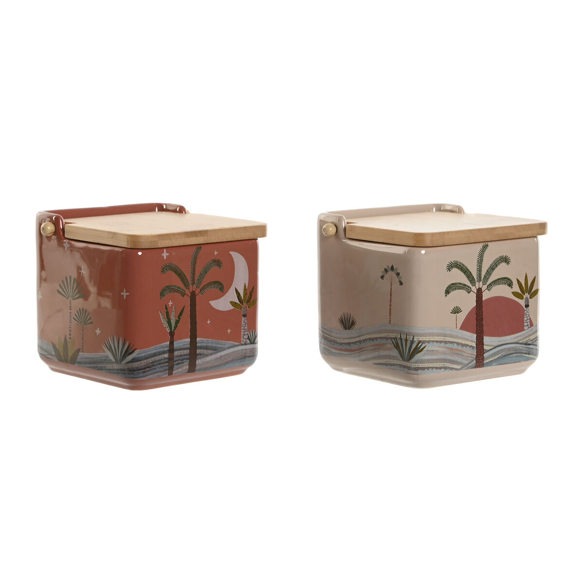 Soľnička s vrchnákom Home ESPRIT Béžová Ružová Terakota Fialová Bambus 750 ml 14 x 12,5 x 12 cm (2 kusov)