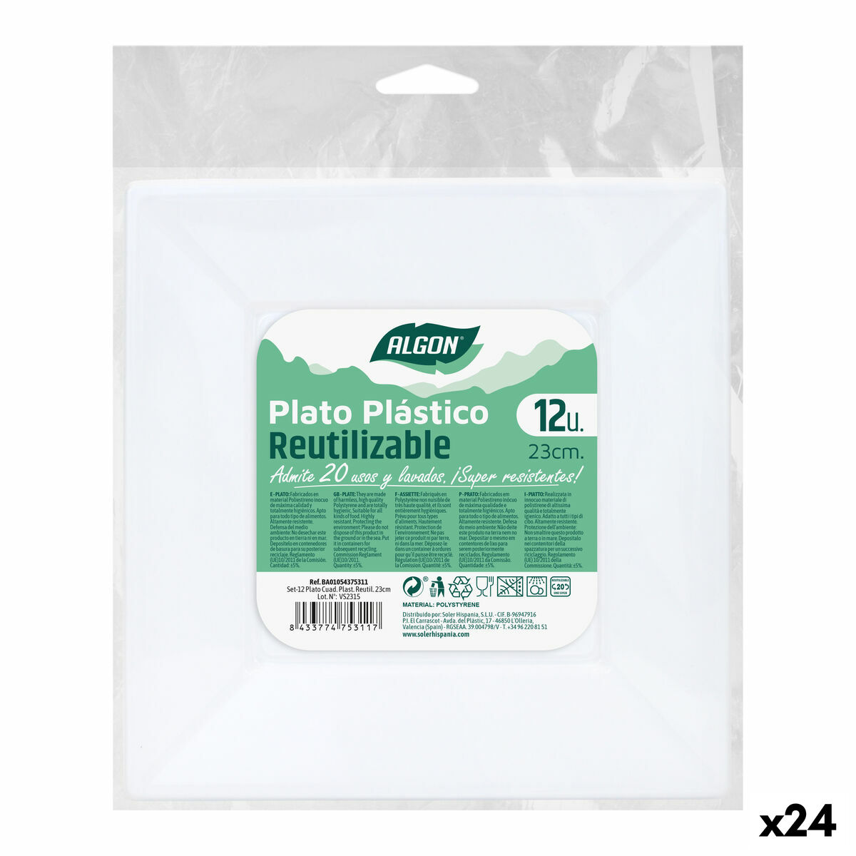 Sada znovu použiteľných tanierov Algon Hranatý Biela Plastické 23 x 23 x 2 cm (24 kusov)