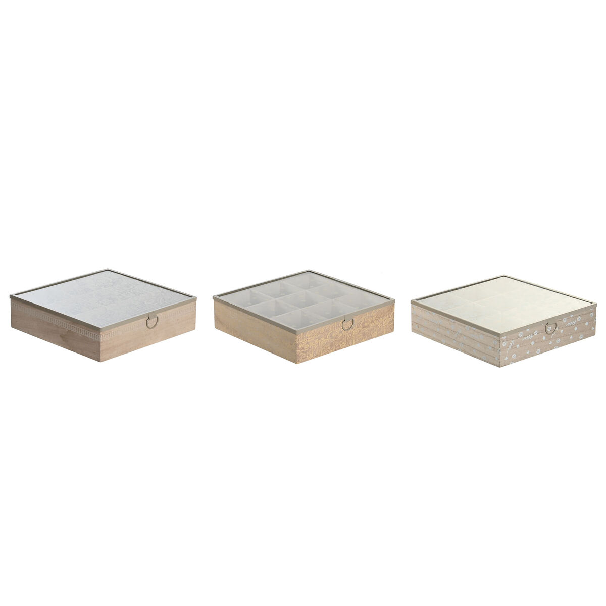 Krabička na čaje DKD Home Decor 24 x 24 x 6,5 cm Sklo Prírodná Modrá Ružová Kov Biela 3 Kusy Drevo MDF
