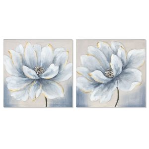 Maľba Home ESPRIT Modrá Biela Plátno Drevo MDF Kvetina Tradičný 40 x 2,5 x 40 cm (2 kusov)