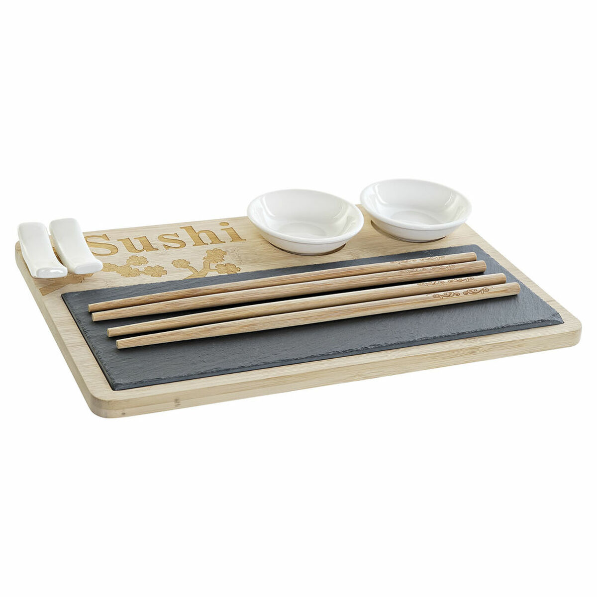 Sada na sushi DKD Home Decor PC-186227 Biela Čierna Prírodná Bambus Tabuľa Moderný Orientálny 28,5 x 18,5 x 2,6 cm (9 Kusy) (28,