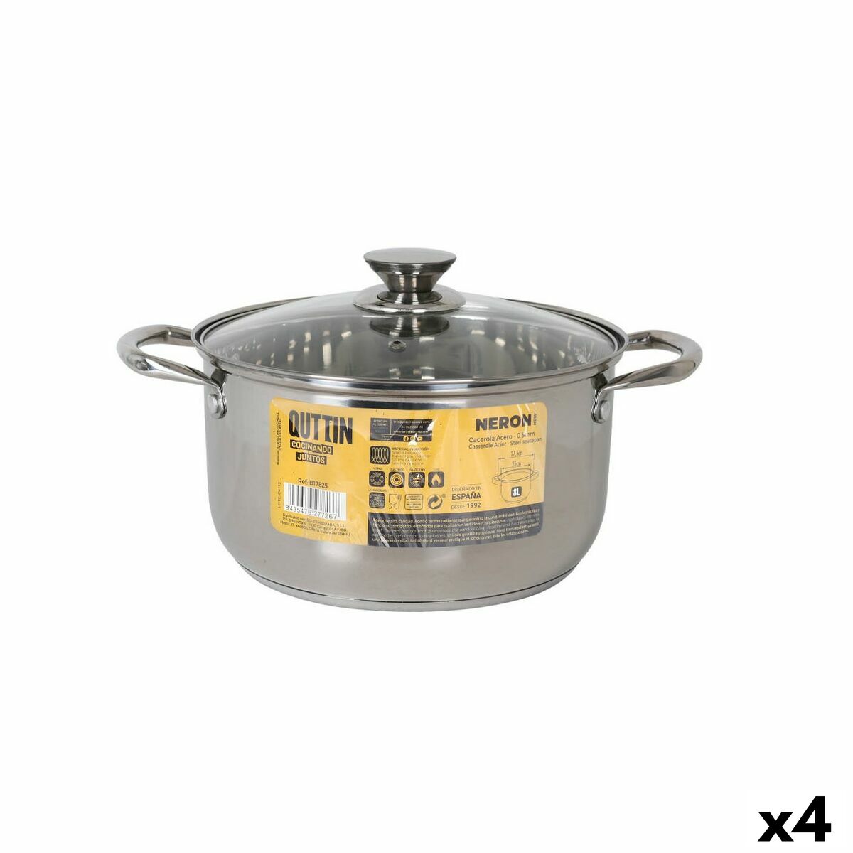 Hrniec so sklenenou pokrievkou Quttin New neron Oceľ 8 L (4 kusov)