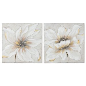 Maľba Home ESPRIT Biela Béžová Plátno Drevo MDF Kvetina Romantický 50 x 2,5 x 50 cm (2 kusov)