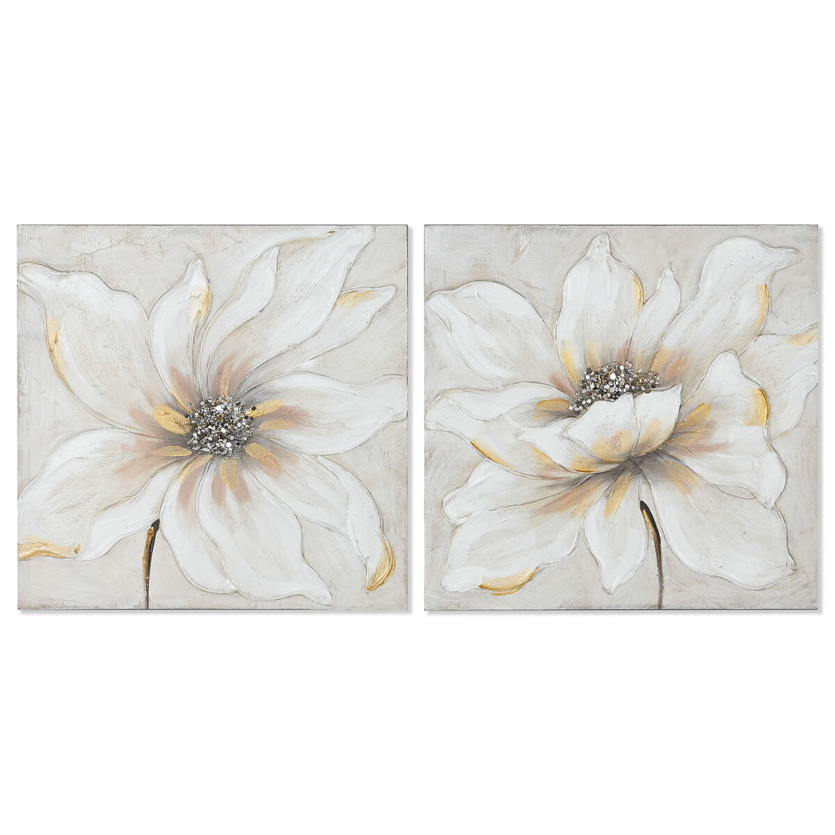 Maľba Home ESPRIT Biela Béžová Plátno Drevo MDF Kvetina Romantický 50 x 2,5 x 50 cm (2 kusov)