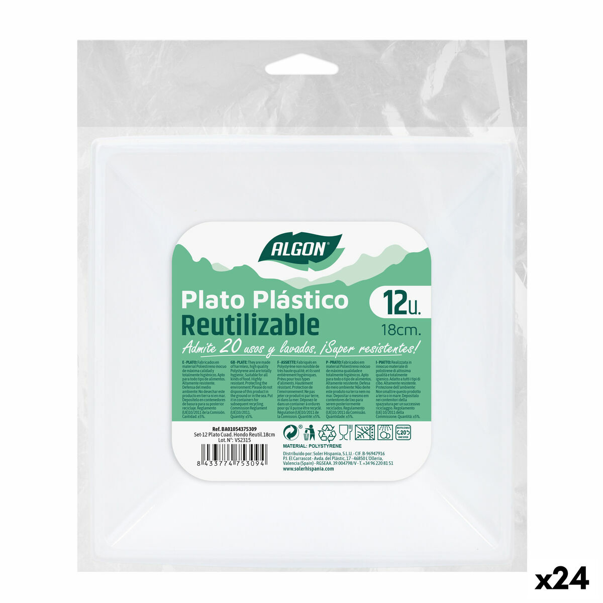 Sada znovu použiteľných tanierov Algon Hranatý Biela Plastické 18 x 18 x 4 cm (24 kusov)