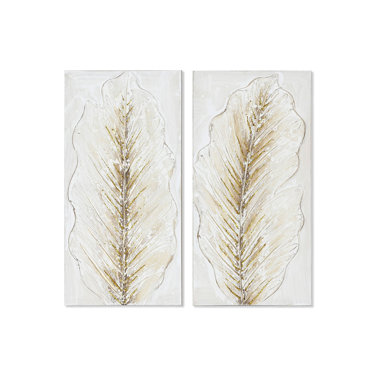 Maľba Home ESPRIT Biela Zlatá Plátno Drevo MDF List rastliny Romantický 30 x 2,5 x 60 cm (2 kusov)