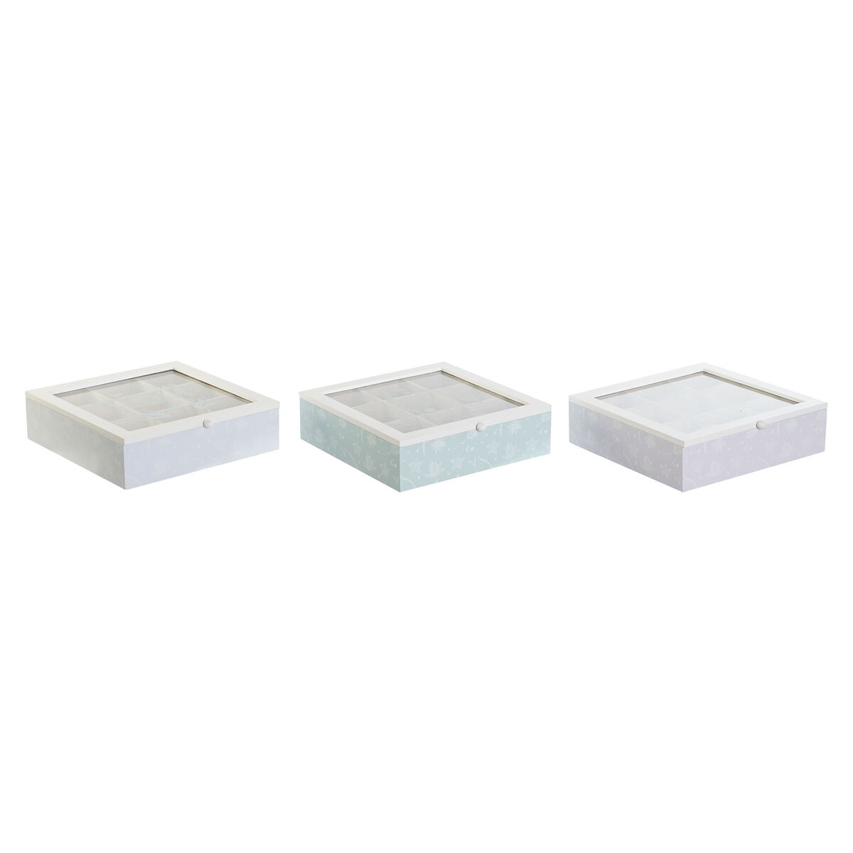 Krabička na čaje DKD Home Decor Modrá Biela zelená Fialová Kov Sklo Drevo MDF (3 kusov)