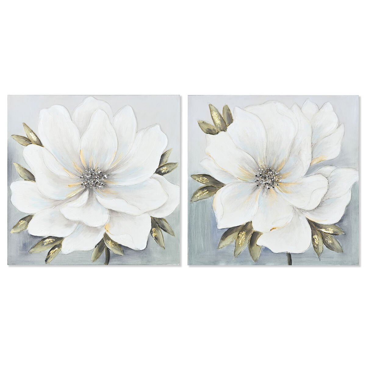 Maľba Home ESPRIT Biela Zlatá Plátno Drevo MDF Kvetina Romantický 60 x 3 x 60 cm (2 kusov)