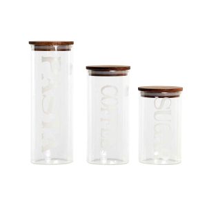Sada 3 dóz DKD Home Decor 10,2 x 10,2 x 27,7 cm Prírodná Transparentná Agátové drevo Písmená Borokremičité sklo