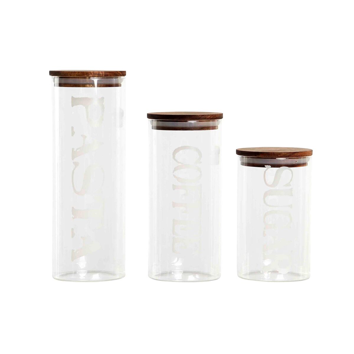 Sada 3 dóz DKD Home Decor 10,2 x 10,2 x 27,7 cm Prírodná Transparentná Agátové drevo Písmená Borokremičité sklo