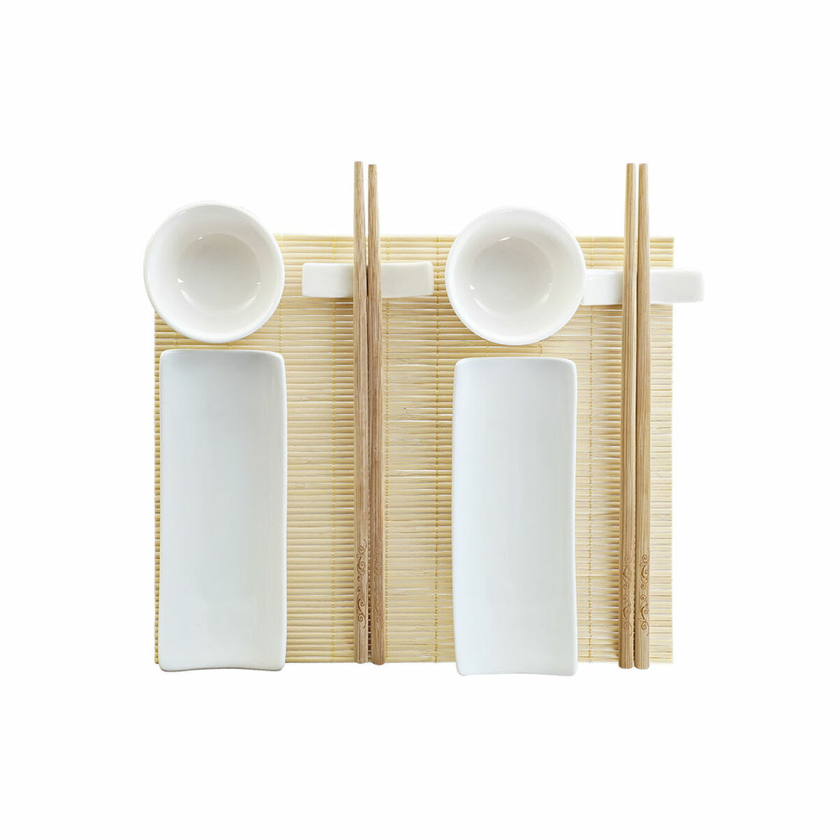 Sada na sushi DKD Home Decor Bambus Kamenina Biela Prírodná Orientálny 28,5 x 19,5 x 3,3 cm (9 Kusy) (28,5 x 19,5 x 3,3 cm)