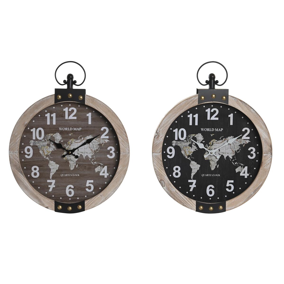 Nástenné hodiny DKD Home Decor 40 x 6,5 x 46 cm Čierna Gaštanová Železo Vintage Drevo MDF Mapa Sveta (2 kusov)