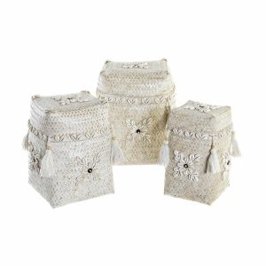 Súprava košíkov DKD Home Decor Biela Bambus mušle (24 x 24 x 30 cm) (3 Kusy)