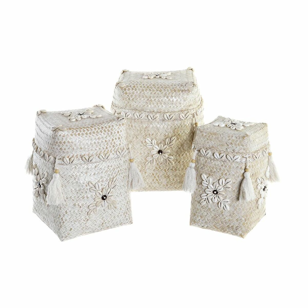 Súprava košíkov DKD Home Decor Biela Bambus mušle (24 x 24 x 30 cm) (3 Kusy)