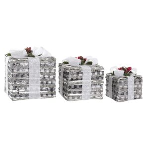 Súprava dekoračných krabičiek DKD Home Decor LED Biela Červená zelená Striebristý Kov Sneženie 25 x 25 x 29 cm (3 Kusy)