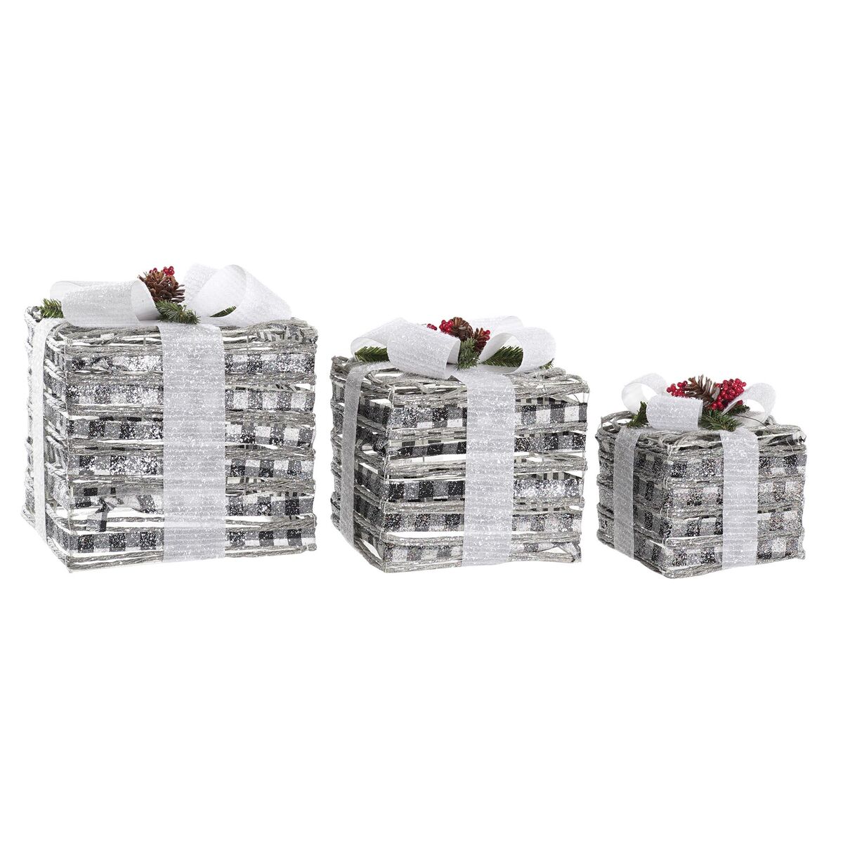 Súprava dekoračných krabičiek DKD Home Decor LED Biela Červená zelená Striebristý Kov Sneženie 25 x 25 x 29 cm (3 Kusy)