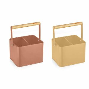 Organizér na príbor DKD Home Decor 18 x 15,5 x 24 cm Kov Terakota Žltá Vintage Borovica (2 kusov)