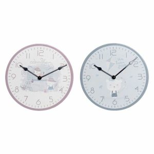 Nástenné hodiny DKD Home Decor Modrá Ružová Drevo Kov Plastické Drevo MDF Detské Vták 24 x 3 x 24 cm (2 kusov)