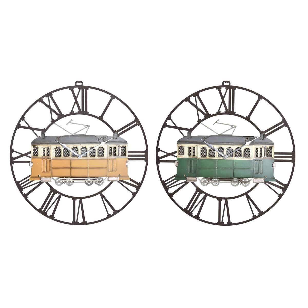Nástenné hodiny DKD Home Decor 49,5 x 3,5 x 48 cm Kov zelená Žltá Vintage Vlak (2 kusov)