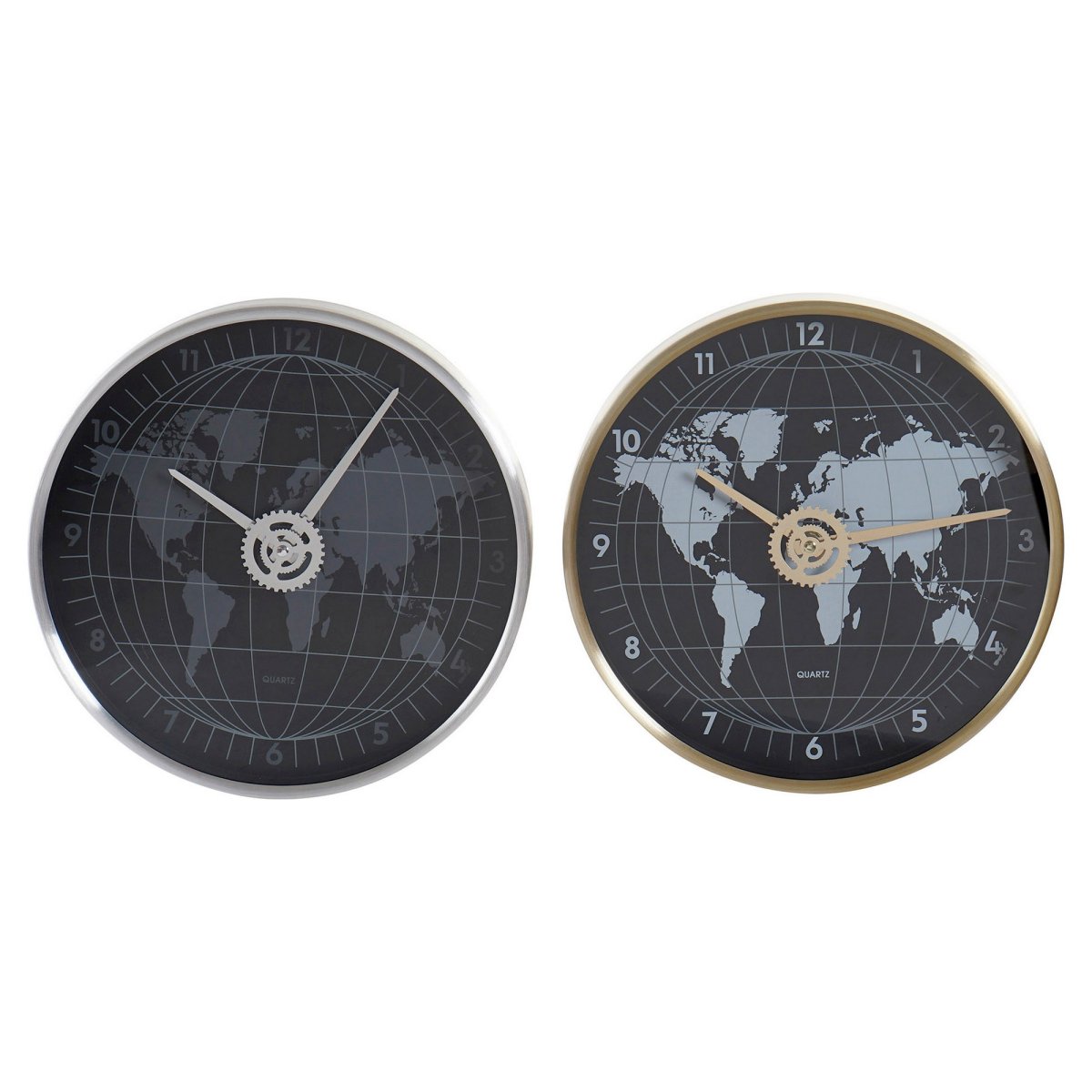 Nástenné hodiny DKD Home Decor Čierna Zlatá Striebristý Aluminium Sklo Mapa Sveta 30 x 4,3 x 30 cm (2 kusov)